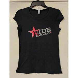 Vintage Womens Ride Chicago Black T-Shirt Sz L Y2K Babydoll Biker